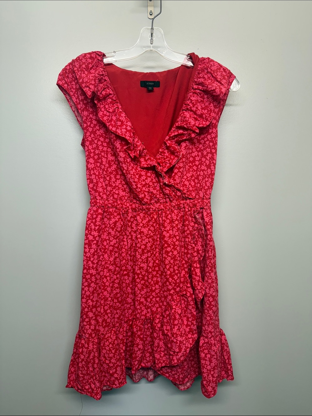 J. Crew Red Pink Floral Ruffle Wrap Mini Dress